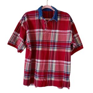 Panhandle Slim 90s Red Plaid Polo Shirt Denim Collar Short Sleeve Men's Large‎ L